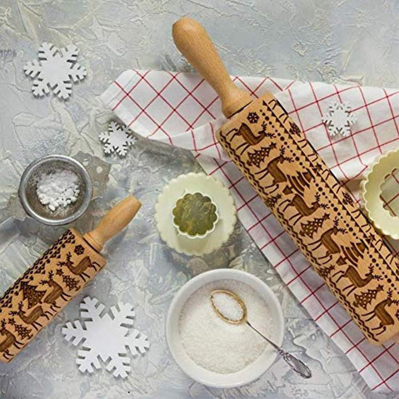 Sun Flower Christmas Wooden Rolling Pins Engraved Embossing Rolling Pin with Christmas Symbols for Baking Embossed Cookies(tree) (43×5cm)