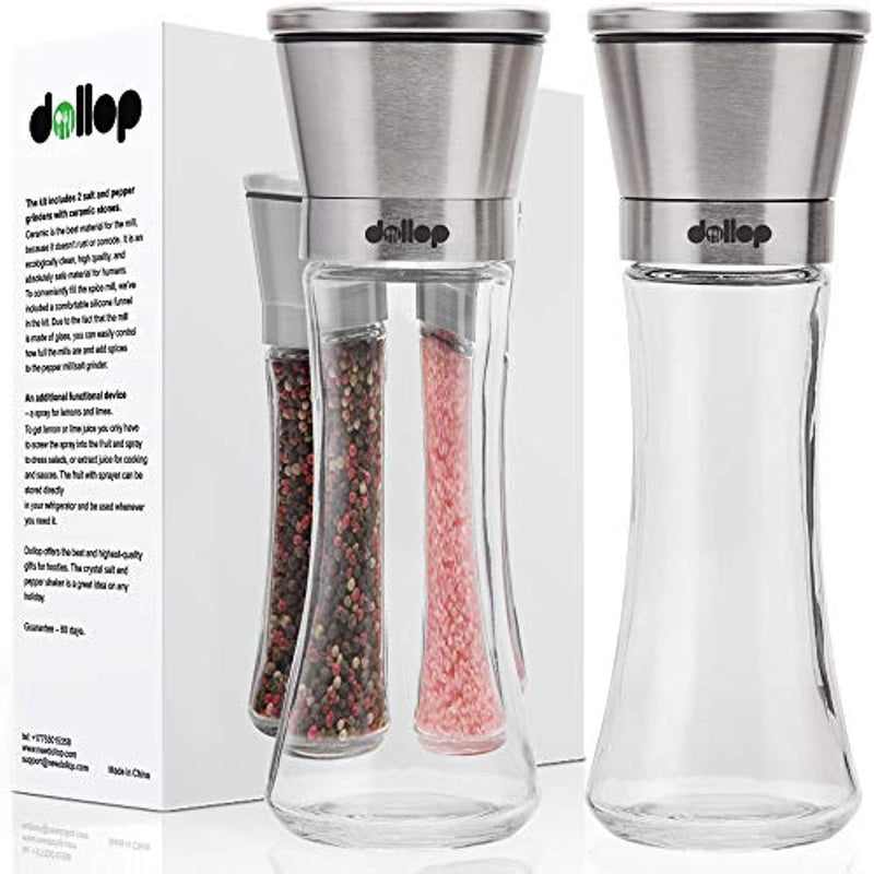 Salt & Pepper Grinder Set – Salt & Pepper Shakers with lid - brushed stainless steel Pepper Mill and Salt Mill - Adjustable Ceramic Rotor - Glass body - Silicone funnel collapsible & 2 citrus sprayer