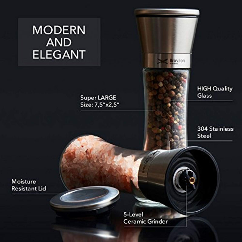 Salt and Pepper Grinder Set - Mill and Shakers Kit - Brushed Stainless Steel, Tall Premium Glass and Adjustable Ceramic Grinding System for Cooking Spices - Perfect on Kitchen by Braviloni