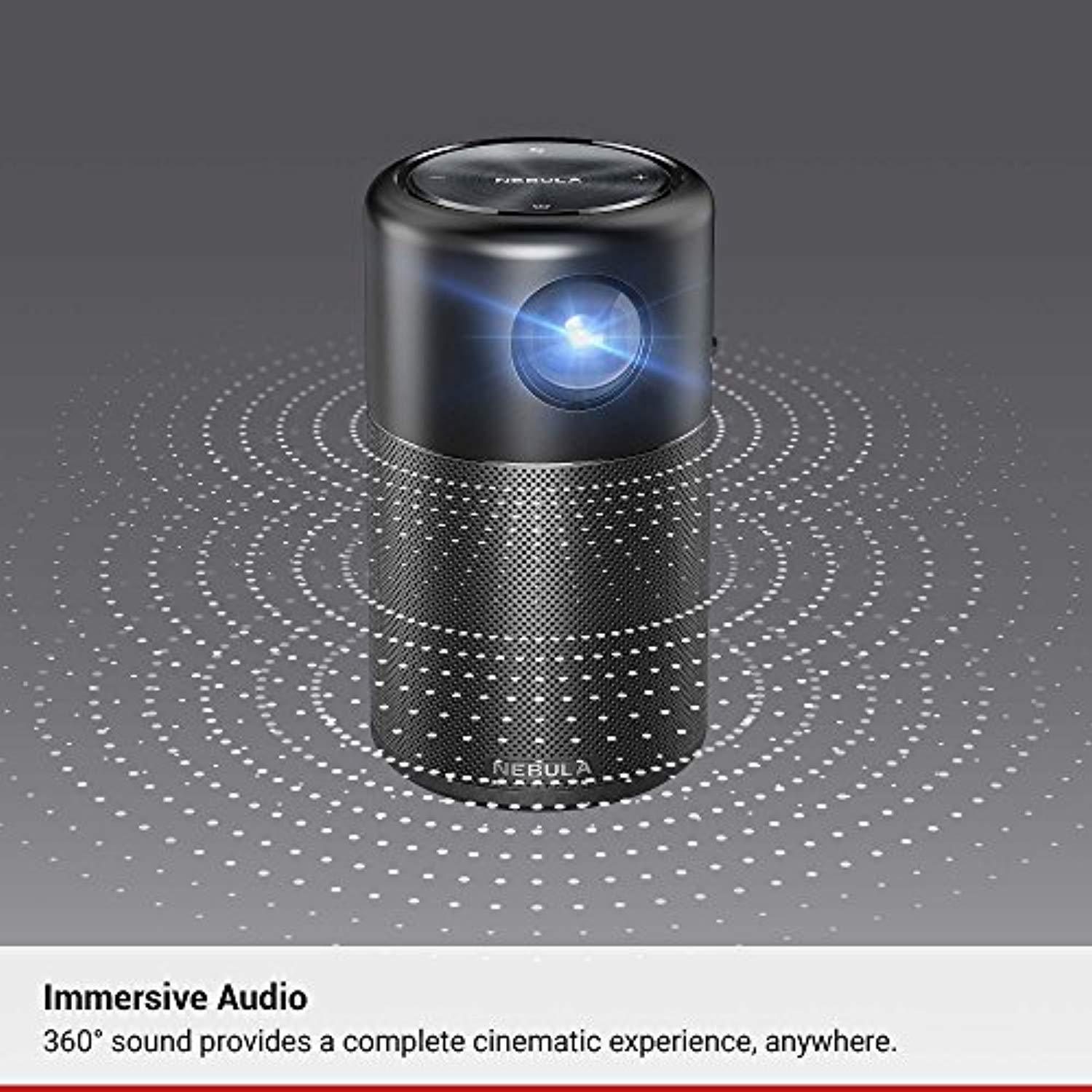 Nebula Capsule Smart Mini Projector, by Anker, Portable 100 ANHC lm High-Contrast Pocket Cinema with Wi-Fi, DLP, 360° Speaker, 100" Picture, Android 7.1, 4-Hour Video Playtime, and App