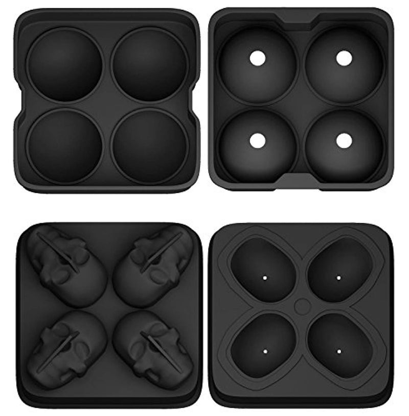 Ouddy 2 Pack Ice Ball Maker Skull Mold, Silicone Ice Cube Trays, Giant Black Skull & Round Ice Cube Maker for Whiskey Wine, Cocktails and Beverages