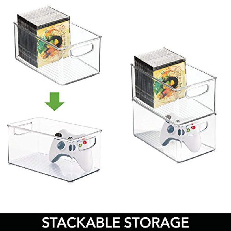 mDesign Plastic Stackable Household Storage Organizer Container Bin Box with Handles - for Media Consoles, Closets, Cabinets - Holds DVD's, Video Games, Gaming Accessories, Head Sets - 4 Pack - Clear