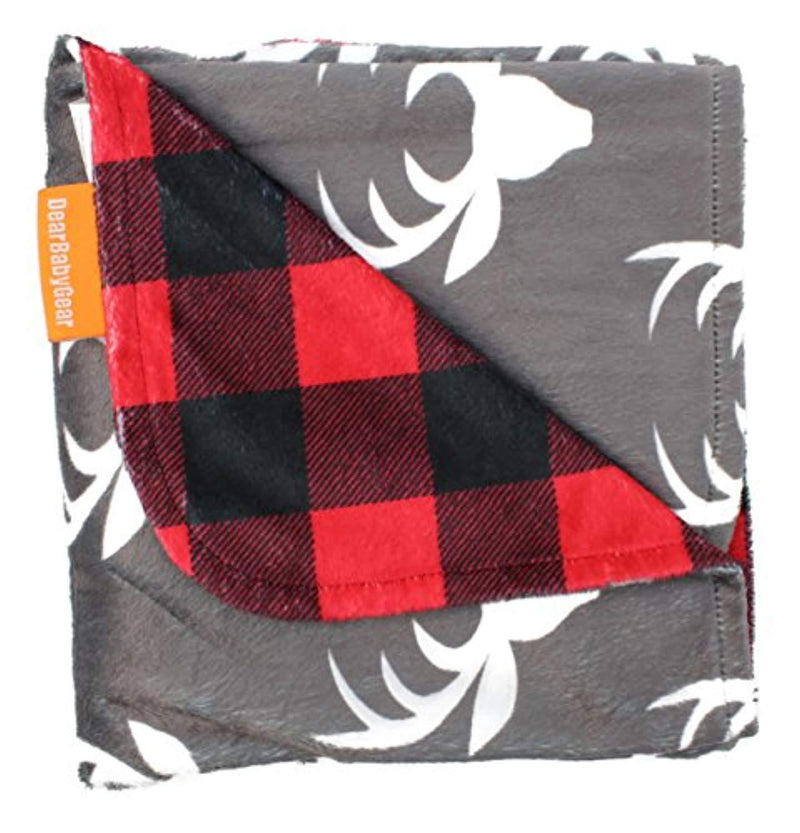 Dear Baby Gear Deluxe Reversible Baby Blankets, Custom Minky Print White Antlers, Red and Black Buffalo Plaid Minky