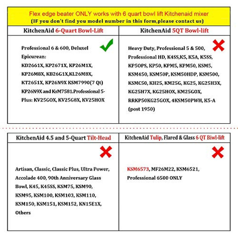 AIZARA Flex Edge Beater for KitchenAid Bowl-Lift Stand Mixer 6 Quart Flat Beater with Silicone Edges for 6 QT Kitchen Aid Stand Mixer,Bowl Scraper Blade Paddle