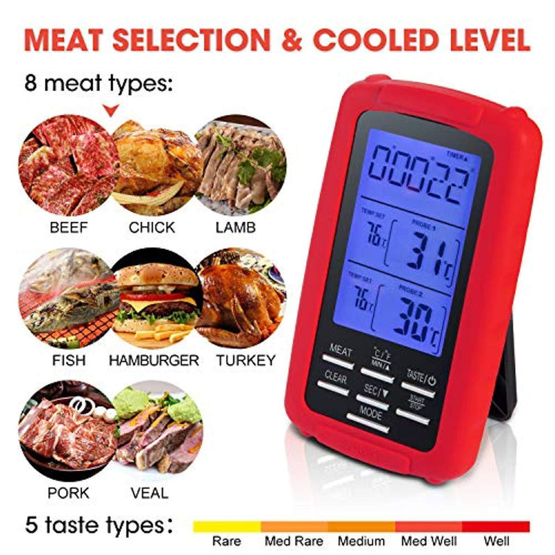 Kitdine Wireless Meat thermometer - digital grill oven or smoker remote food thermometers, Wireless Accessories for Safe Remote BBQ Grilling, Kitchen Cooking, Smokers and You Can Even Make Candy (Red)