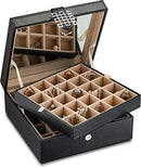 50 Slot Wooden Jewelry Box to Organize Earrings, Rings, Cuff Links with Mirror in Black Finish