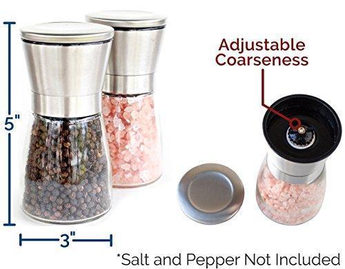 Original Stainless Steel Salt and Pepper Grinder Set With Stand - Tall Salt and Pepper Shakers with Adjustable Coarseness - Salt Grinders and Pepper Mill Shaker Set