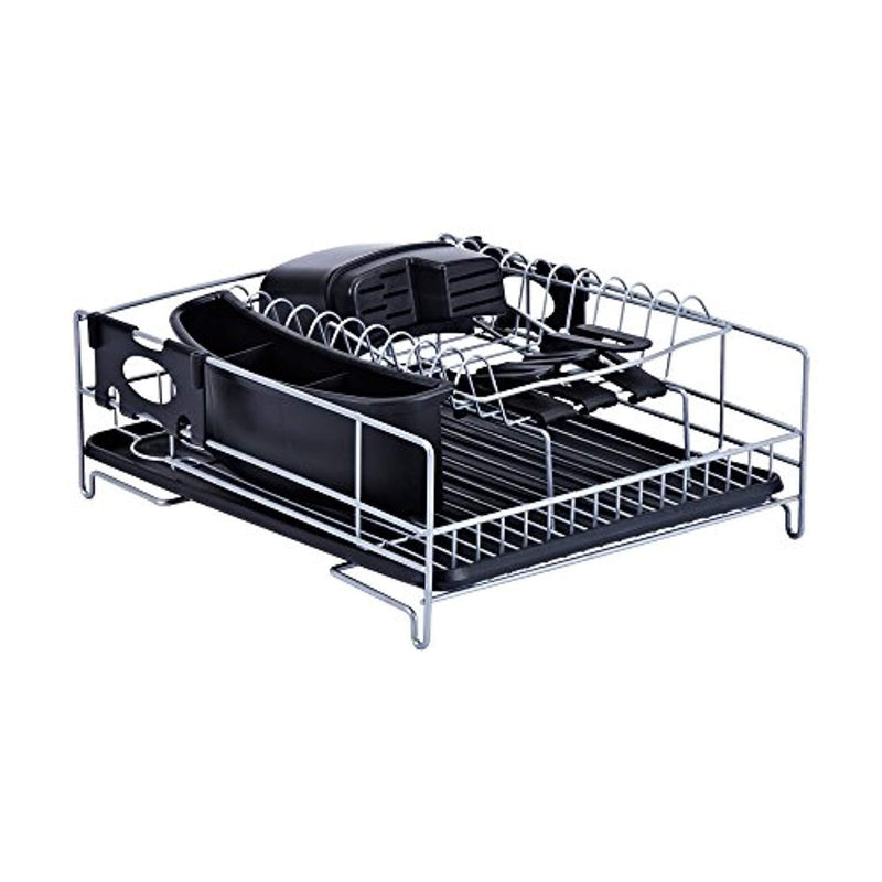 UTOKIA Kitchen Stainless Steel 2-Tier Dish Rack with Drainboard,Utensil, Knife, 3 Cup Holder, Cutting Board Attachment, Large Silver