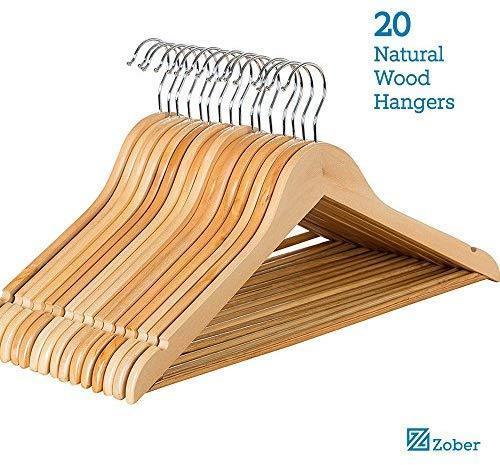 Zober Solid Wood Suit Hangers - 20 Pack - with Non Slip Bar and Precisely Cut Notches - 360 Degree Swivel Chrome Hook - Natural Finish Super Sturdy and Durable Wooden Hangers