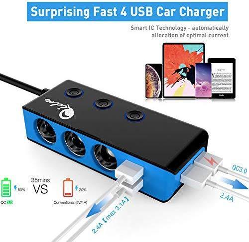 3-Socket Cigarette Lighter Quick Charge 3.0, Qidoe 120W 12V/24V Car Splitter and Three 2.4A USB Car Charger & LED Voltmeter Power Switch for GPS, Dash Cam, Sat Nav, Phone, iPad, Tablet (Blue)