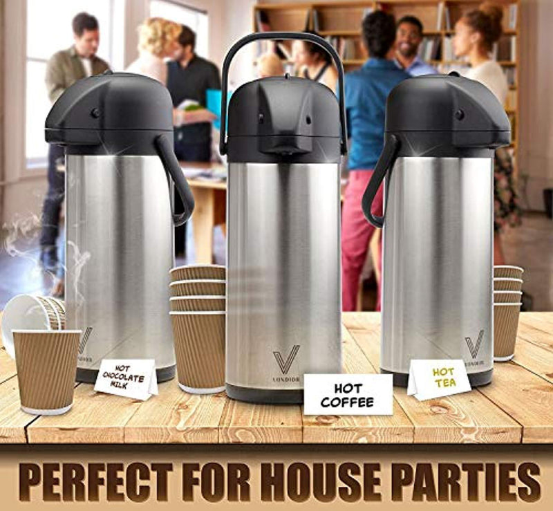 Thermal Coffee Airpot - Beverage Dispenser (85oz.) By Vondior - Stainless Steel Urn For Hot/Cold Water Or, Pump Action, Party Thermos Carafe, Bunn Brush Bonus, Lid Pitcher