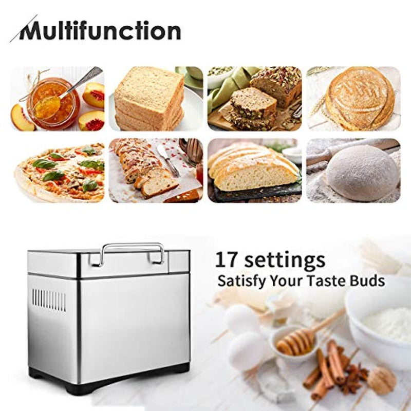 KBS Bread Machine, Automatic 2LB Convection Bread Maker with Nut Dispenser, High-End Version 17 Menus with Gluten Free, Large LCD Display Touch Screen, Unique Ceramic Pan, Stainless Steel