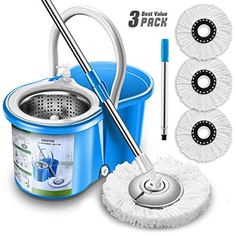 Aootek Upgraded Stainless Steel Deluxe 360 Spin Mop & Bucket Floor Cleaning System Included EasyPress Handle with 3 Microfiber Mop Heads