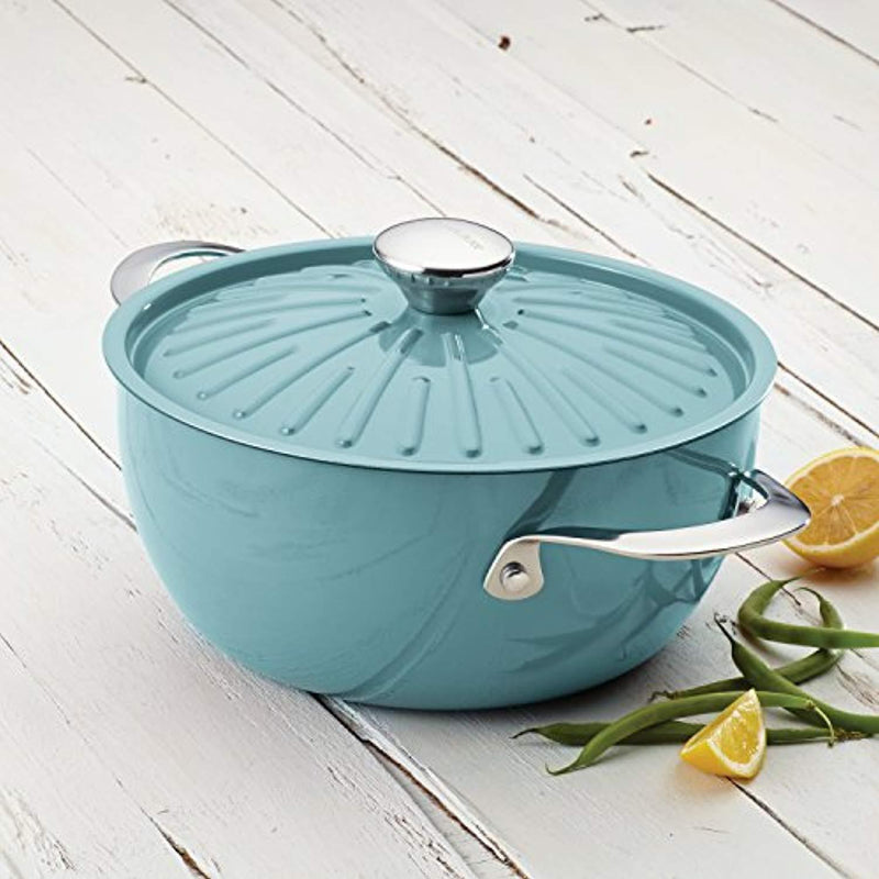 Rachael Ray Cucina Hard Porcelain Enamel Nonstick Covered Round Casserole, 4.5-Quart, Agave Blue