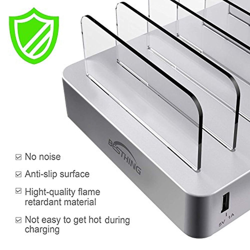 BESTHING Fast Charging Station, 6 Port USB Charging Station, Desktop Charging Stand Organizer, Phone Docking Station Removable Baffles Compatible for iPhone, iPad, Samsung, Tablet, Kindle (Silver)
