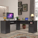 Tangkula 66" × 66" L-Shaped Desk, Corner Computer Desk, with Drawers and Storage Shelf, Home Office Desk, Sturdy and Space-Saving Writing Table,Brown