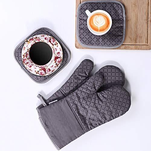 KES Kitchen Oven Mitts Set, Oven Mitts and Pot Holders, Heat Resistant with Quilted Cotton Lining, Non-Slip Surface 4 Pieces for Cooking, Baking, Grilling, Barbecue (Gray)