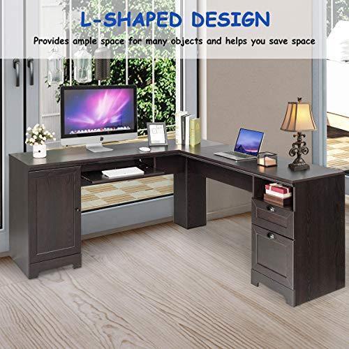 Tangkula 66" × 66" L-Shaped Desk, Corner Computer Desk, with Drawers and Storage Shelf, Home Office Desk, Sturdy and Space-Saving Writing Table,Brown