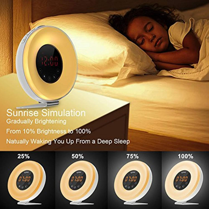 Sunrise Wake Up Light Digital Alarm Clock with 7 Natural Sounds Sunrise & Sunset Simulation, FM Radio, Touch Control, Snooze Function and USB Charger