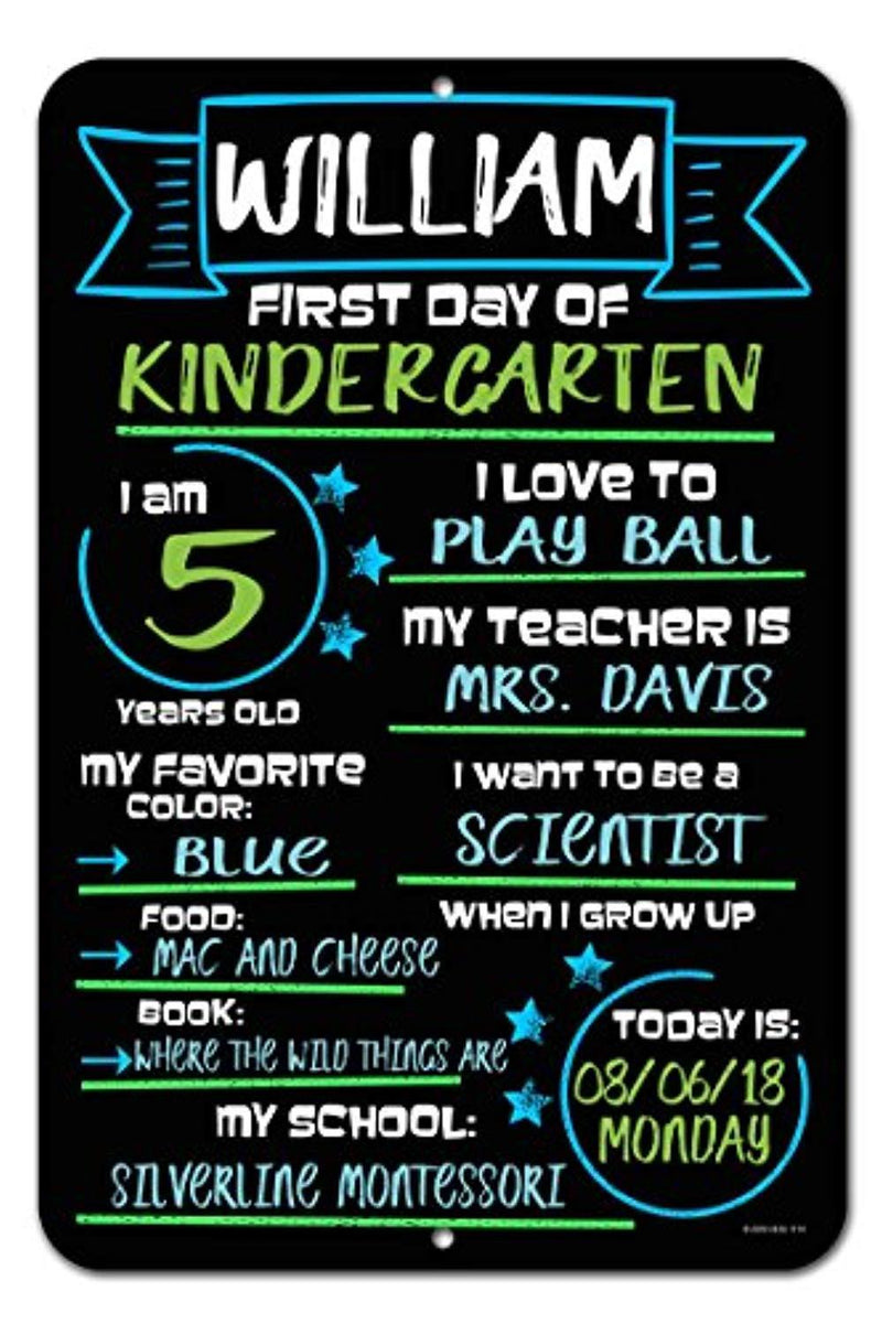 Honey Dew Gifts Large First Day of School Blue and Green Chalkboard Style Photo Prop Tin Sign 12 x 18 inch - Reusable Easy Clean Back to School, Customizable with Liquid Chalk Markers (Not Included)