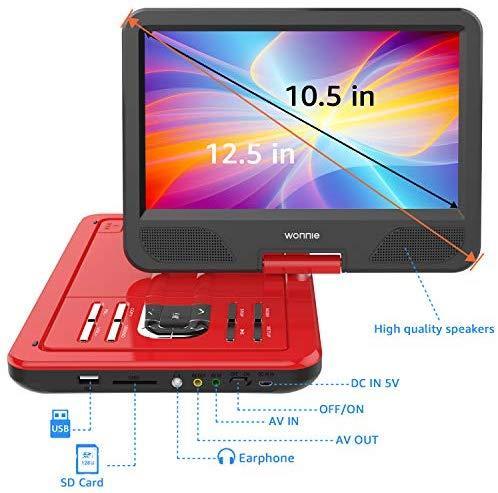 WONNIE 12.5 Inch Portable DVD Player, 10.5" Swivel Screen, 4 Hour Rechargeable Battery, USB / SD Slot (RED)