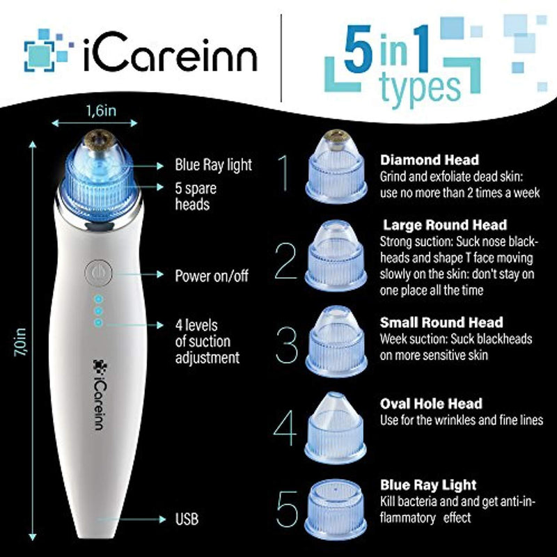 iCareinn Blackhead Remover [Newest 2018] - Rechargeable Pore Vacuum Suction Microdermabrasion Machine Comedone Extractor Acne Remover Electric Skin Cleanser Peeling Tool - Powerful Waterproof Cleaner
