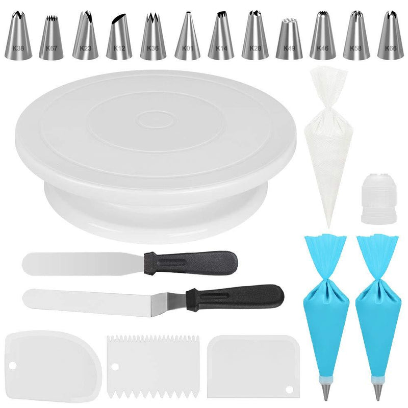 Cakes of Eden Cake Decorating Kits Supplies with Cake Turntable, 12 Numbered Cake Decorating Tips, 2 Icing Spatula, 3 Icing Smoother, 2 Silicone Piping Bag, 50 Disposable Pastry Bags and 1 Coupler