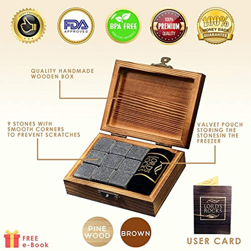 Whiskey Stones Gift Set - 9 Granite Chilling Whisky Rocks - no water dilution - stored in Wooden Premium Box – Best quality Bar Accessories for Any Beverages by Lord’s Rocks