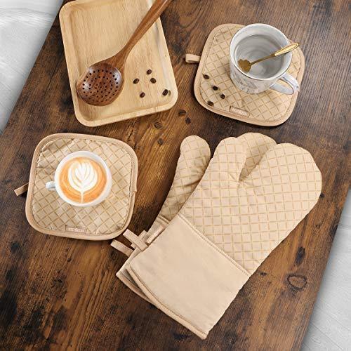 KES Kitchen Oven Mitts Set, Oven Mitts and Pot Holders, Heat Resistant with Quilted Cotton Lining, Non-Slip Surface 4 Pieces for Cooking, Baking, Grilling, Barbecue (Gray)