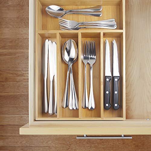 KaryHome  24-Piece Silverware  Set, Flatware Set Mirror Polished, Dishwasher Safe Service for 4, Include Knife/Fork/Spoon with Bamboo 5-Compartment Silverware Drawer Organizer Box