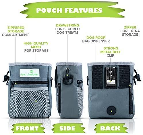 Paw Lifestyles – Dog Treat Training Pouch – Easily Carries Pet Toys, Kibble, Treats – Built-in Poop Bag Dispenser – 3 Ways to Wear – Grey