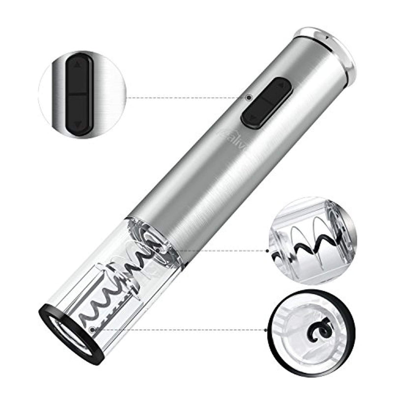 Kealive Cordless Electric Wine Bottle Opener, Wine Bottle Opener Corkscrew with Foil Cutter, Battery Powered, Metallic Finish, Silver