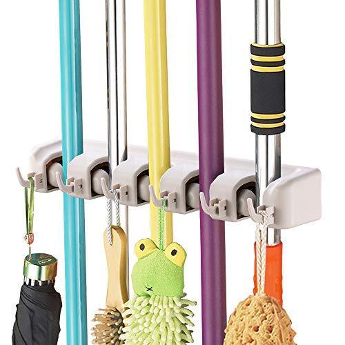 Imillet Mop and Broom Holder, Wall Mounted Organizer-Mop and Broom Storage Tool Rack with 5 Ball Slots and 6 Hooks (Gray) (One Pack)