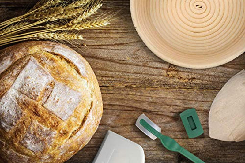 Banneton Bread Proofing Basket Set: 9 inch Round Brotform Bread Basket Dough Bowl | Cloth Liner | Dough Scraper | Bread Lame | Sourdough Recipe - For Professional and Home Bakers Artisan Bread Making