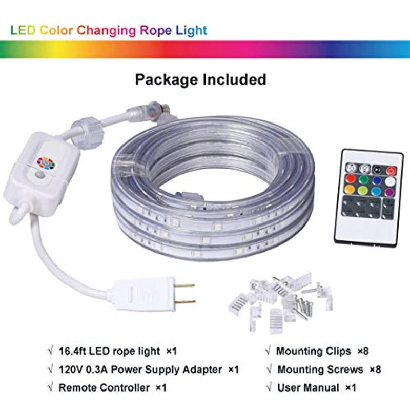 GREEN MORE 16.4 Feet Flat Flexible LED Rope Lights, Color Changing RGB Strip Light with Remote Control, 8 Colors Multiple Modes, Plug in Novelty Light, Connectable and Waterproof for Home Kitchen Outdoor Use