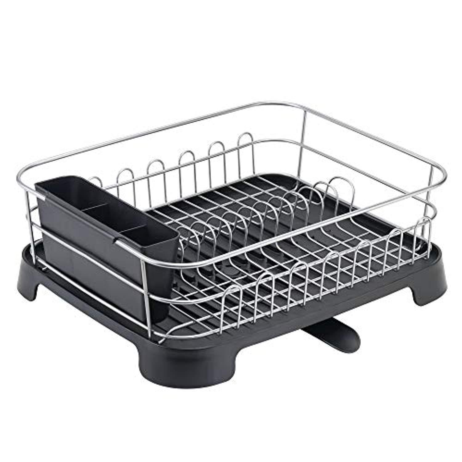 mDesign Large Kitchen Countertop, Sink Dish Drying Rack with Removable Cutlery Tray and Drainboard with Adjustable Swivel Spout - 3 Pieces, Silver Wire/Black Plastic Cutlery Caddy and Drainboard