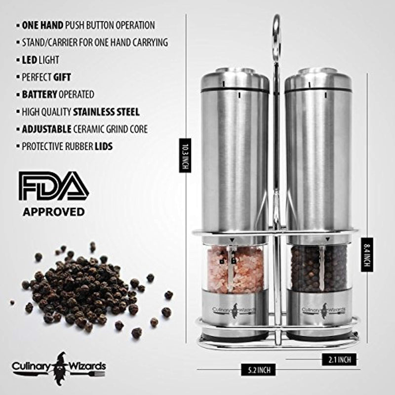 Battery operated Salt and Pepper Grinder set - 2 Electric pepper mill grinders - Stainless Steel - Carry Stand - LED light - Adjustable Coarseness - Automatic salt n pepper shakers by Culinary Wizards