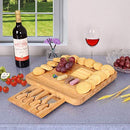 Multi-functional Cheese Board, Serving Tray for Wine, Crackers, Brie and Meat and 4 Stainless Steel Forks, Hidden Slide-out Drawer Beautiful Party Utensils (13" x 13" x 2")
