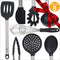 Silicone Kitchen Serving Utensil Set - Stainless Steel Metal and Black Utensils Including Tongs Spoons Spatula Ladle Whisk and Frosting Spatula Professional Nonstick Safe Modern Cooking Tools by Beneloni