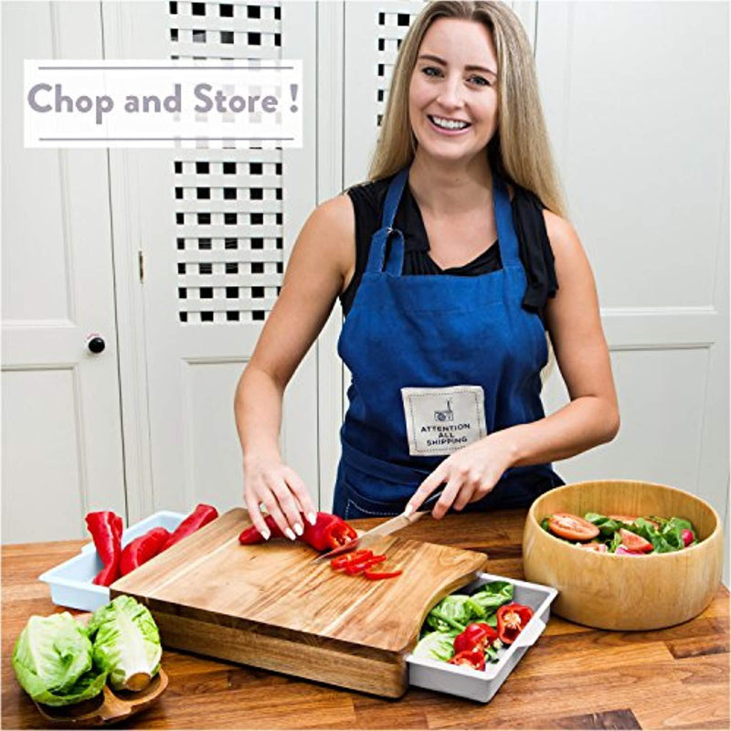 Cutting Board with Trays - Organic Acacia Wood Butcher Block with Containers White Pale Blue - Naturally Antimicrobial - For Meat Vegetables Bread or Cheese Board by Kristie's Kitchen