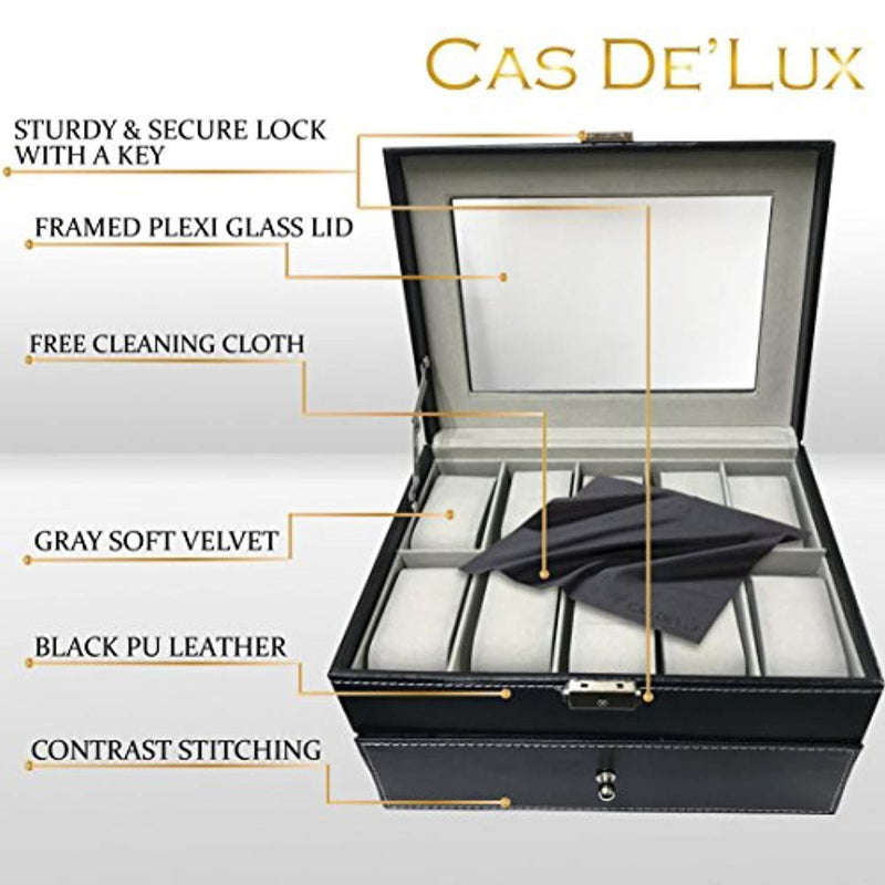 Watch Box Organizer Pillow Case - 20 Slot Luxury Premium Display Cases With Framed Glass Lid Elegant Contrast Stitching Sturdy & Secure Lock for Men and Women Watch & Jewelry Large Holder Boxes Gift
