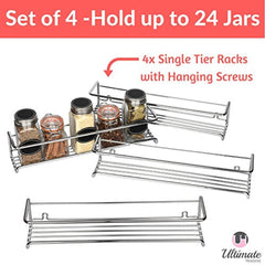 Spice Rack Organizer for Cabinet, Door Mount, or Wall Mounted - Set of 4 Chrome Tiered Hanging Shelf for Spice Jars - Storage in Cupboard, Kitchen or Pantry - Display bottles on shelves, in cabinets