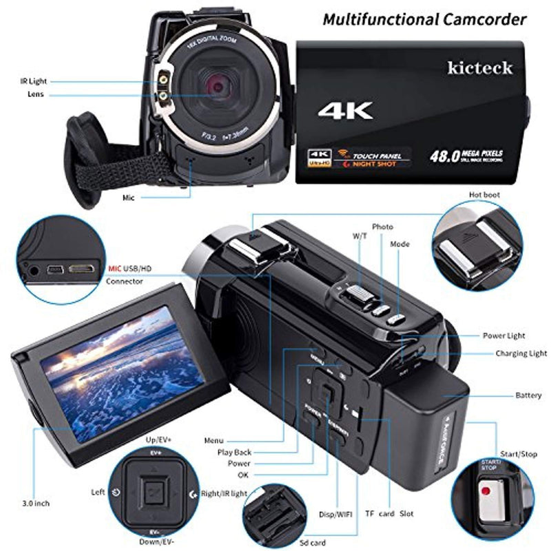 Video Camera Camcorder 4K kicteck Ultra HD Digital WiFi Camera 48.0MP 3.0 inch Touch Screen Night Vision 16X Digital Zoom Recorder with External Microphone and Wide Angle Lens,2 Batteries(4KMW)