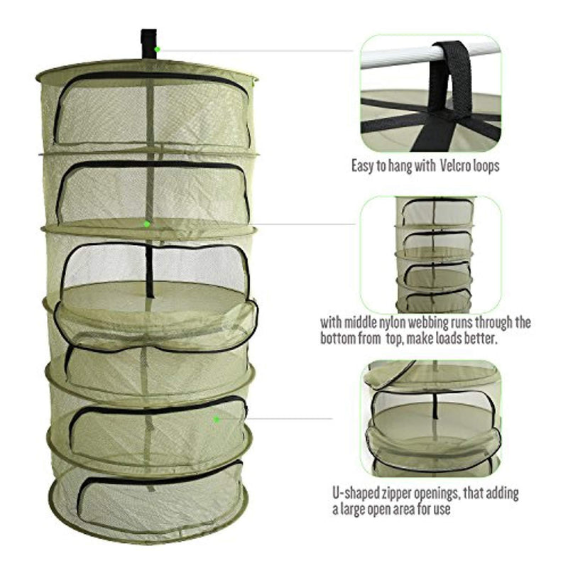 Ipomelo Hanging Herb Dring Rack Dry Net 2ft 6 Layer w/Zipper Opening Green Mesh