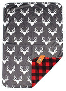 Dear Baby Gear Deluxe Reversible Baby Blankets, Custom Minky Print White Antlers, Red and Black Buffalo Plaid Minky