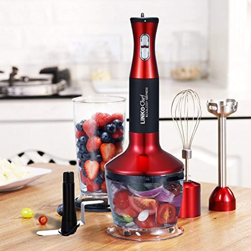 Immersion Blender LINKChef 4-in-1 Hand Blender Stick Powerful Low Noise Large 800ml Beaker, Stainless Steel Whisk and 500ml Food Chopper, BPA-Free&FDA, Red/Black(HB-1230)-3 Years Warranty (Red and black)