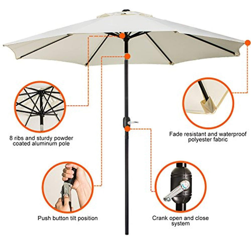 UHINOOS 9FT Patio Umbrella, Outdoor Umbrella with Crank and 8 Ribs, Polyester Aluminum Alloy Pole Tilt Button Outside Table Umbrella, Fade Resistant Water Proof Patio Table Umbrella (Ivory)