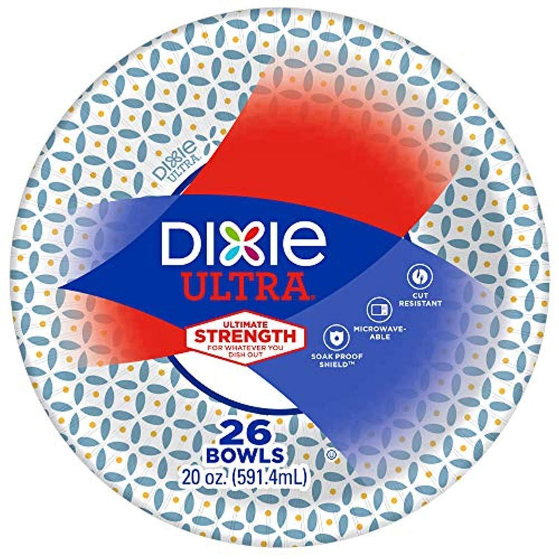 Dixie Ultra Paper Bowls, 20 Oz, 156 Count, 6 Packs of 26 Bowls, Dinner or Lunch Size Printed Disposable Bowls