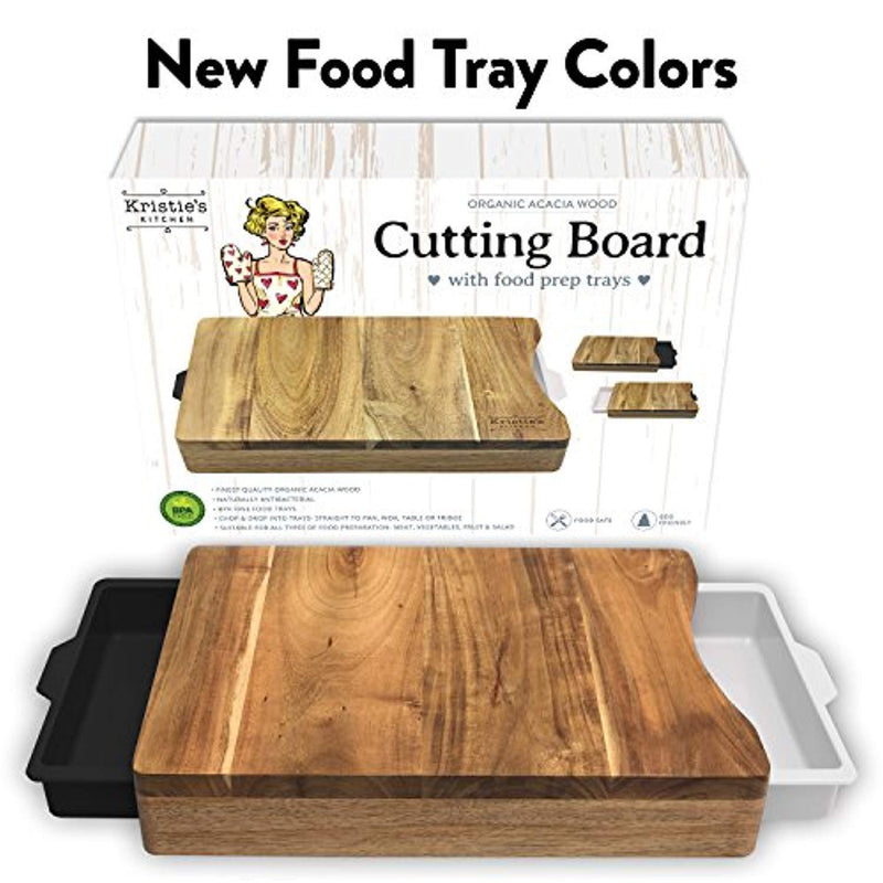 Cutting Board with Trays - Organic Acacia Wood Butcher Block with 2 Containers White Black - Naturally Antimicrobial - For Meat Vegetables Bread or Cheese Board by Kristie's Kitchen