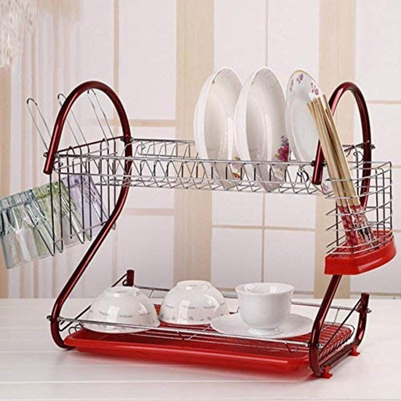 dtemple 2 Tier Dish Stainless Steel Drying Kitchen Storage, Red S Shape Dish Drainer Rack